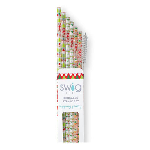 Swig Life Christmas Crew Reusable Straw Set with six straws and cleaning brush