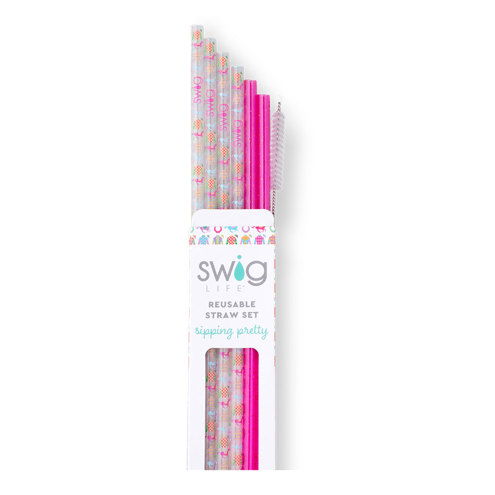 Swig Life Go Baby Go + Pink Glitter Reusable Straw Set with six straws and cleaning brush - Swig Life