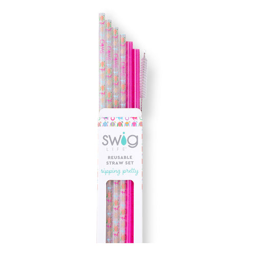 Swig Life Go Baby Go + Pink Glitter Reusable Straw Set with six straws and cleaning brush