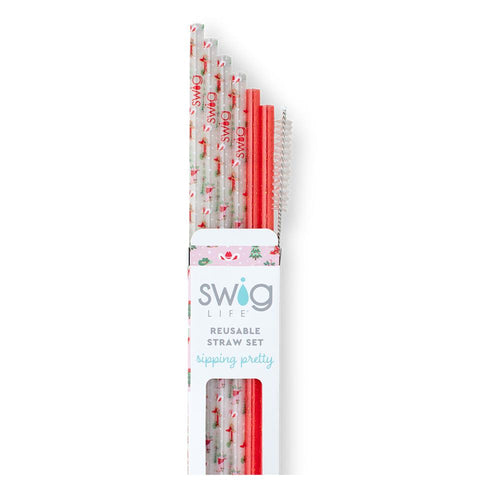 Swig Life Howdy Holidays + Red Glitter Reusable Straw Set with six straws and cleaning brush