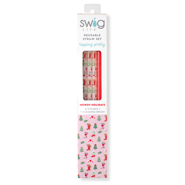 Swig Life Howdy Holidays + Red Glitter Reusable Straw Set inside packaging