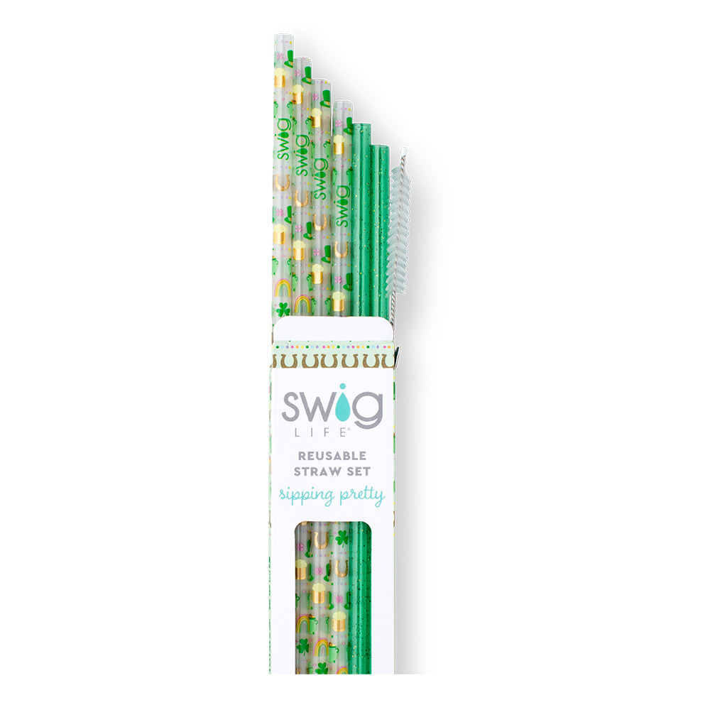 Swig Life Lucky Charms + Green Glitter Reusable Straw Set with six straws and cleaning brush - Swig Life