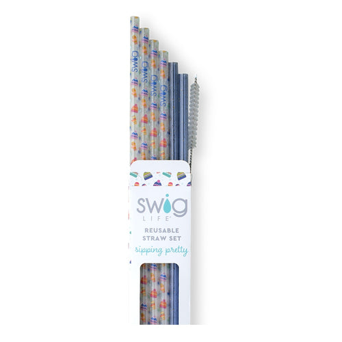 Swig Life Snow Day + Blue Glitter Reusable Straw Set with six straws and cleaning brush