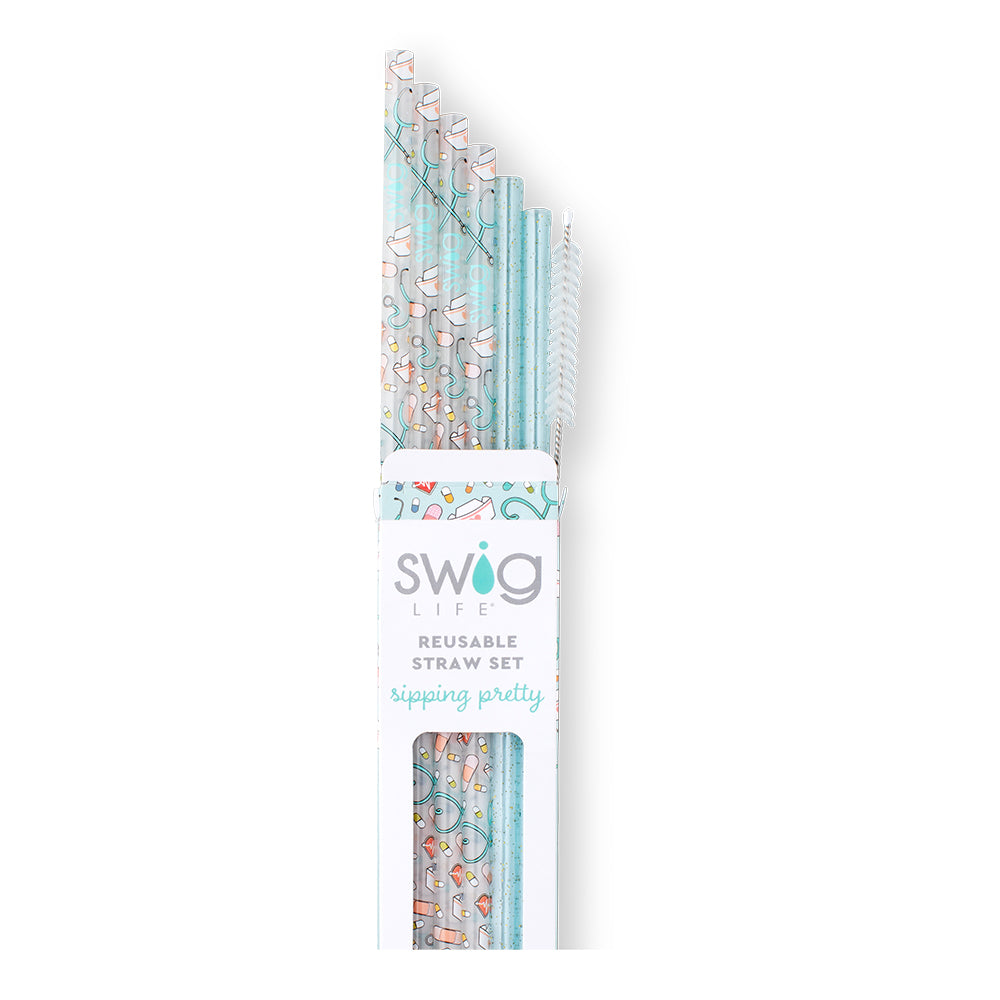 Swig Life Scrub Life + Aqua Glitter Reusable Straw Set with six straws and cleaning brush - Swig Life