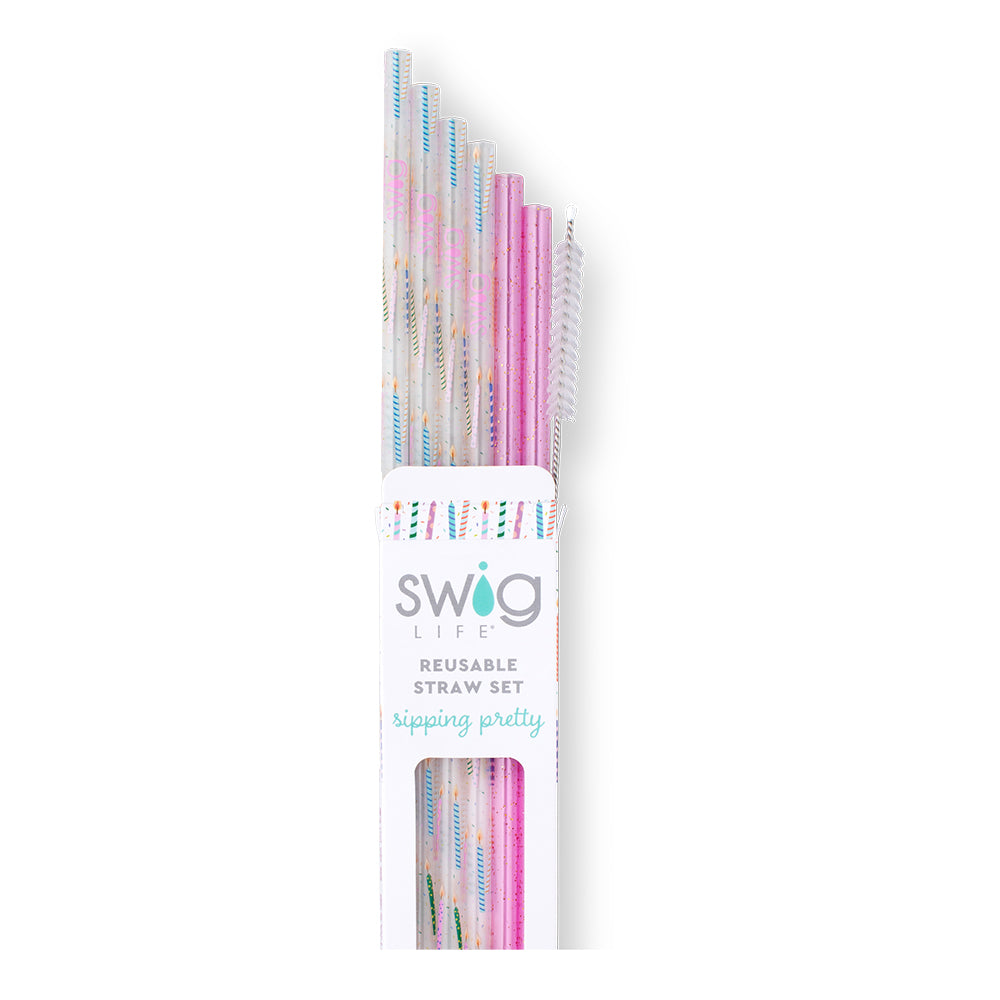 Swig Life Make a Wish + Purple Glitter Reusable Straw Set with six straws and cleaning brush - Swig Life