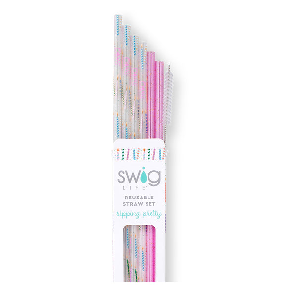 Swig Life Make a Wish + Purple Glitter Reusable Straw Set with six straws and cleaning brush