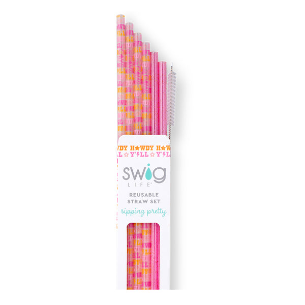 Swig Life Howdy Y'all + Pink Glitter Reusable Straw Set with six straws and cleaning brush