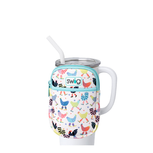 Swig Life Funky Chicken Neoprene Mega Mug Pouch with Zipper on a White 40oz Mega Mug