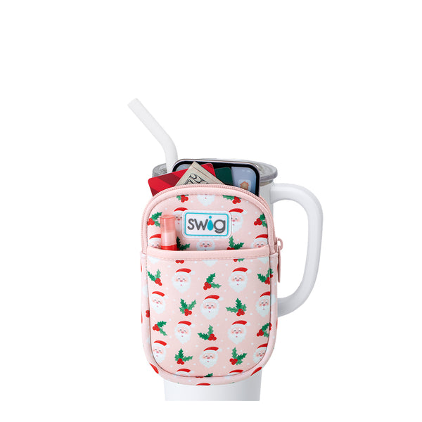 Swig Life Holly Jolly Neoprene Mega Mug Pouch with two pockets containing daily essentials