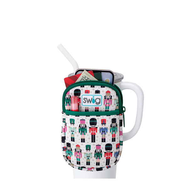 Swig Life Classic Nutcracker Neoprene Mega Mug Pouch with two pockets containing daily essentials