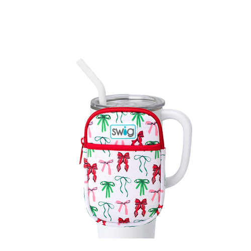 Swig Life Ribbons and Bows Neoprene Mega Mug Pouch with Zipper on a White 40oz Mega Mug