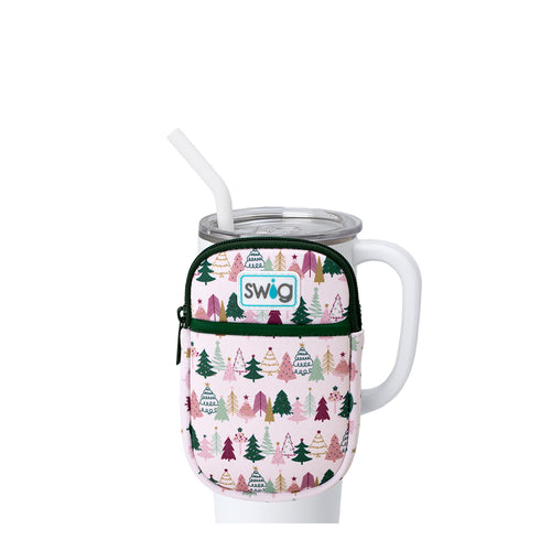 Swig Life Tinseled Trees Neoprene Mega Mug Pouch with Zipper on a White 40oz Mega Mug