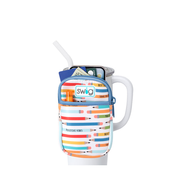 Swig Life Teacher Life Neoprene Mega Mug Pouch with two pockets containing daily essentials