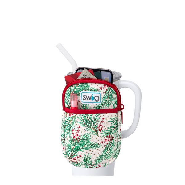 Swig Life Winterberry Neoprene Mega Mug Pouch with two pockets containing daily essentials