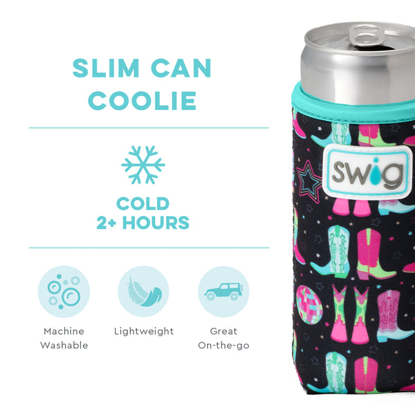 Swig Life Disco Cowgirl Insulated Neoprene Slim Can Coolie temperature infographic - cold 2+ hours