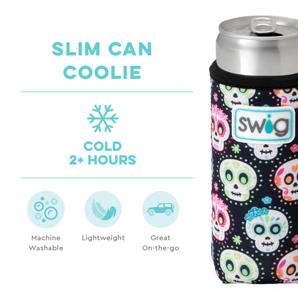 Swig Life Sugar Skulls Insulated Neoprene Slim Can Coolie temperature infographic - cold 2+ hours