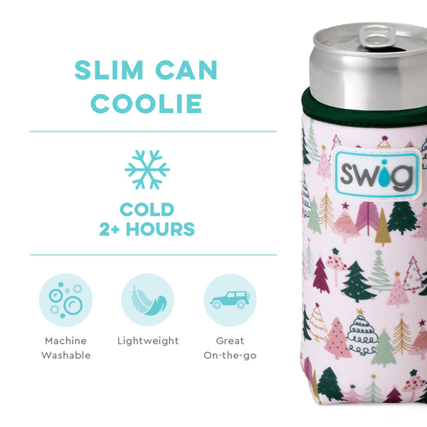 Swig Life Tinseled Trees Insulated Neoprene Slim Can Coolie temperature infographic - cold 2+ hours