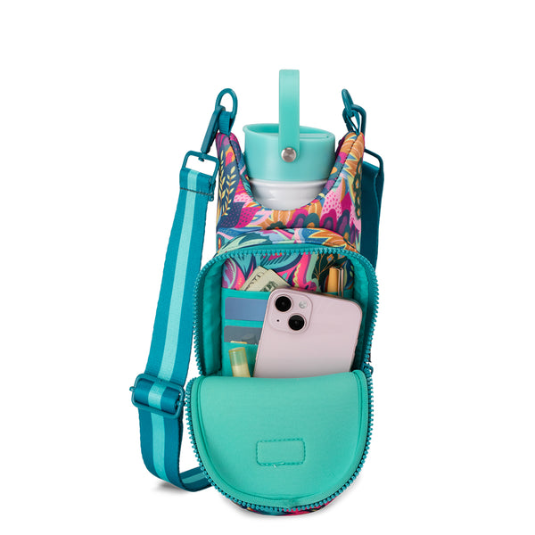 Swig Life Bazaar Water Bottle Sling zip pocket open with multiple compartments