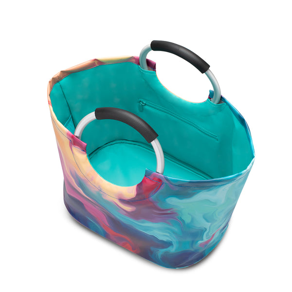 Swig Life Aura Loopi Tote Bag open view from the top with aqua insulated liner and inside zipper pocket