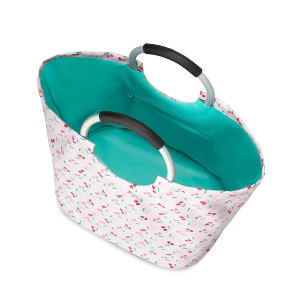 Swig Life Cherry Pie Loopi Tote Bag open view from the top with aqua insulated liner and inside zipper pocket