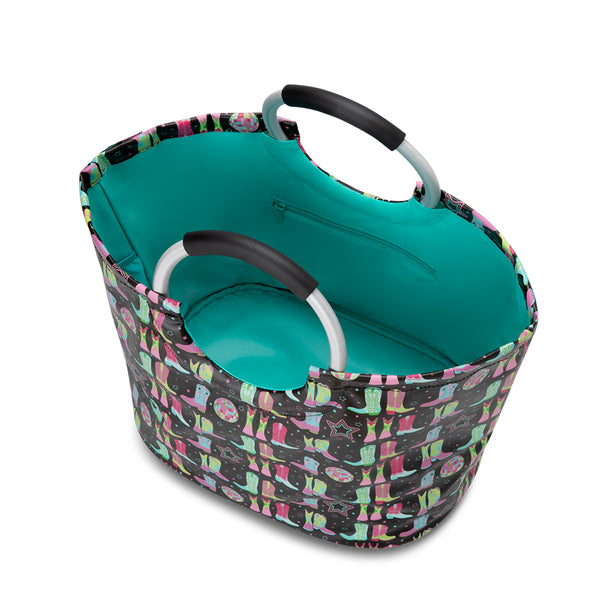 Swig Life Disco Cowgirl Loopi Tote Bag open view from the top with aqua insulated liner and inside zipper pocket