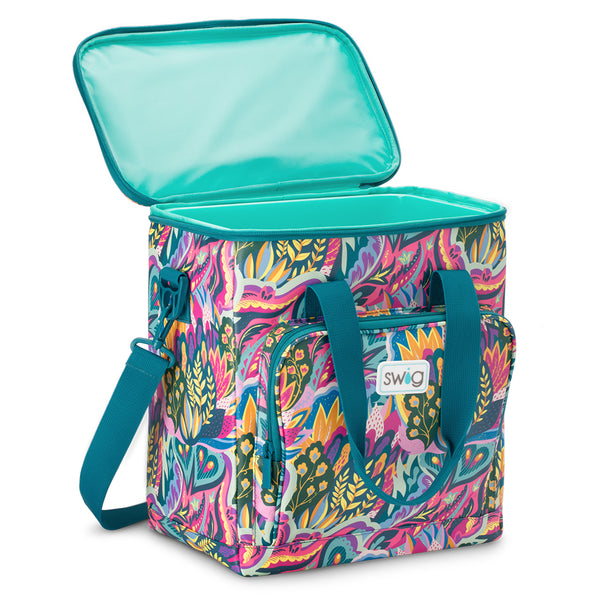 Swig Life Bazaar Boxxi 24 Cooler open view showing aqua insulted lining and zipper enclosure