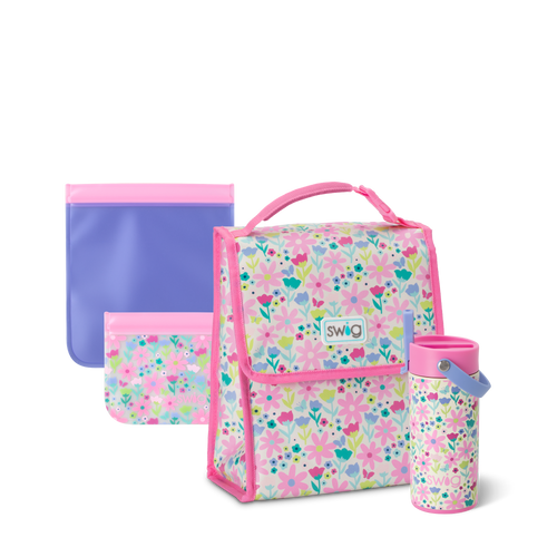 Swig Life Flower Power Foldi Lunch Bundle including a 12oz Flip + Sip Tumbler, Foldi Lunch Bag, and Reusable Storage Baggies