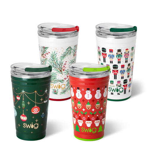 Swig Life Tis the Season Party Cup Set featuring four 24oz Party Cups in prints Deck the Halls, Winterberry, Christmas Crew, and Classic Nutcracker