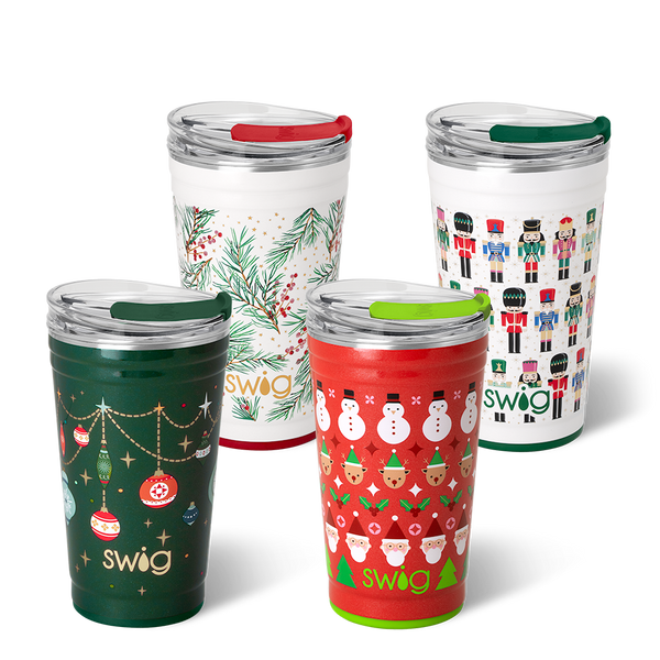 Swig Life Tis the Season Party Cup Set featuring four 24oz Party Cups in prints Deck the Halls, Winterberry, Christmas Crew, and Classic Nutcracker