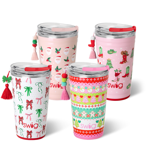 Swig Life Be Jolly Party Cup Set featuring four 24oz Party Cups in prints Ribbons and Bows, Cookie Jar, Holly Jolly, Howdy Holidays