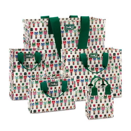 Swig Life Classic Nutcracker Reusable Gift Bag Bundle featuring one of each Large, Medium, Tall, Small, and Mini Reusable Bags with handles