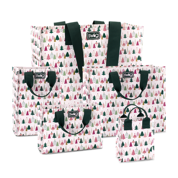 Swig Life Tinseled Trees Reusable Gift Bag Bundle featuring one of each Large, Medium, Tall, Small, and Mini Reusable Bags with handles