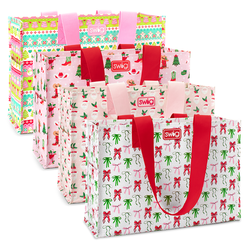 Swig Life Be Jolly Large Gift Bag Bundle featuring 4 large Reusable Bags in prints Cookie Jar, Holly Jolly, Howdy Holidays, and Ribbons & Bows