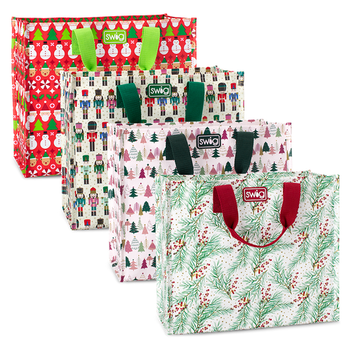 Swig Life Tis the Season Medium Gift Bag Bundle featuring 4 medium Reusable Bags in prints Christmas Crew, Classic Nutcracker, Tinseled Trees, and Winterberry