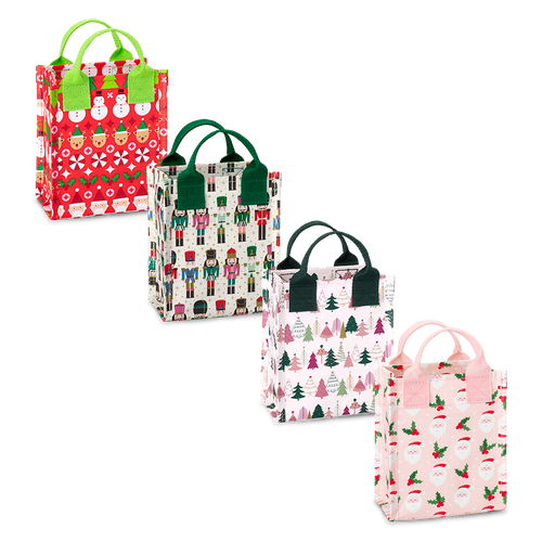 Swig Life Tis the Season Mini Gift Bag Bundle featuring 4 mini Reusable Bags in prints Christmas Crew, Classic Nutcracker, Tinseled Trees, and Holly Jolly