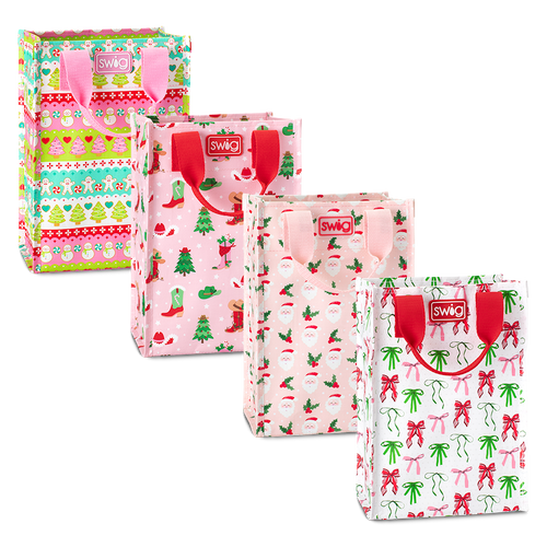 Swig Life Be Jolly Tall Gift Bag Bundle featuring 4 tall Reusable Bags in prints Cookie Jar, Holly Jolly, Howdy Holidays, and Ribbons & Bows