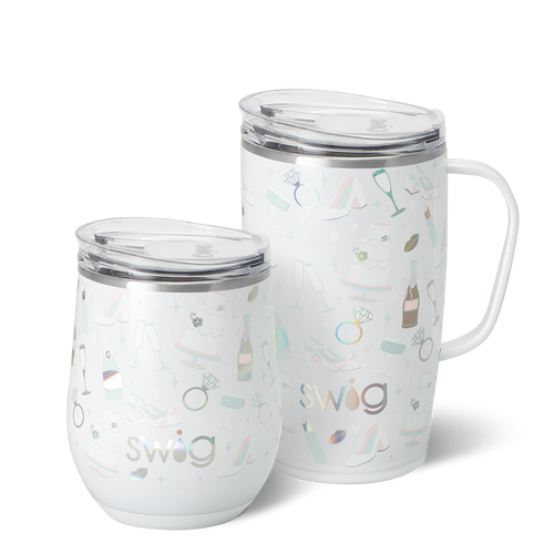 Swig Life Bride to Be AM + PM Set including a 12oz Stemless Wine Cup and an 18oz Travel Mug