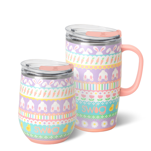 Swig Life Bunny Trail AM + PM Set including a 12oz Stemless Wine Cup and an 18oz Travel Mug