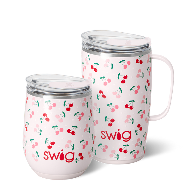 Swig Life Cherry Pie AM + PM Set including a 12oz Stemless Wine Cup and an 18oz Travel Mug