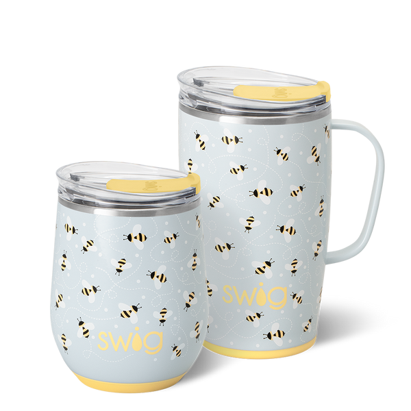 Swig Life Busy Bee AM + PM Set including a 12oz Stemless Wine Cup and an 18oz Travel Mug