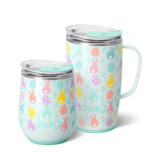 Swig Life Egg Hunt AM + PM Set including a 12oz Stemless Wine Cup and an 18oz Travel Mug