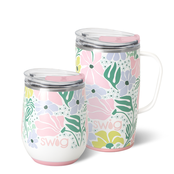 Swig Life Garden Party AM + PM Set including a 12oz Stemless Wine Cup and an 18oz Travel Mug