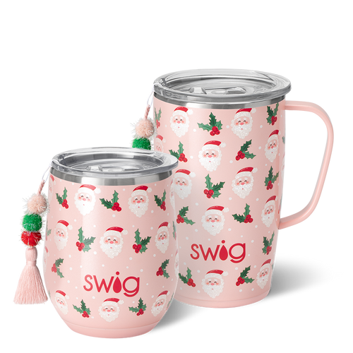 Swig Life Holly Jolly AM + PM Set including a 12oz Stemless Wine Cup and an 18oz Travel Mug