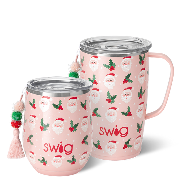 Swig Life Holly Jolly AM + PM Set including a 12oz Stemless Wine Cup and an 18oz Travel Mug