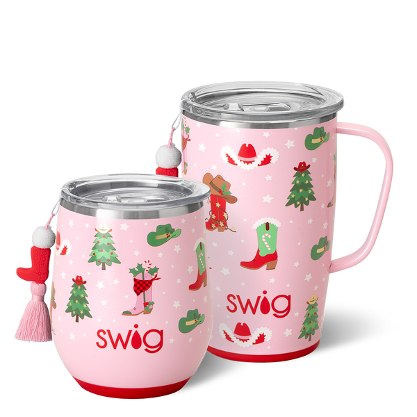 Swig Life Howdy Holidays AM + PM Set including a 12oz Stemless Wine Cup and an 18oz Travel Mug