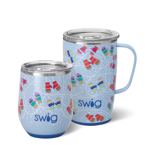 Swig Life Snow Day AM + PM Set including a 12oz Stemless Wine Cup and an 18oz Travel Mug