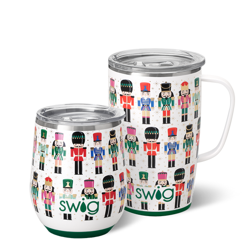 Swig Life Classic Nutcracker AM + PM Set including a 12oz Stemless Wine Cup and an 18oz Travel Mug