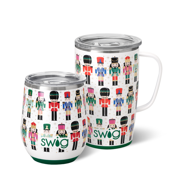 Swig Life Classic Nutcracker AM + PM Set including a 12oz Stemless Wine Cup and an 18oz Travel Mug