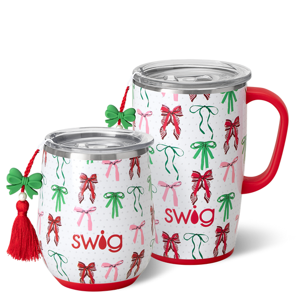 Swig Life Ribbons and Bows AM + PM Set including a 12oz Stemless Wine Cup and an 18oz Travel Mug