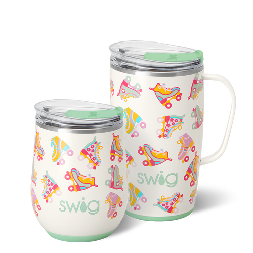 Swig Life Roller Rink AM + PM Set including a 12oz Stemless Wine Cup and an 18oz Travel Mug